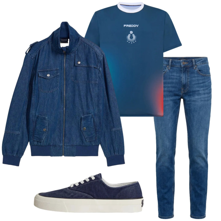Outfit uomo - Denim day. Stile Trendy per Tutti i giorni. Abbinamento con giacche, jeans, t-shirt, sneakers.