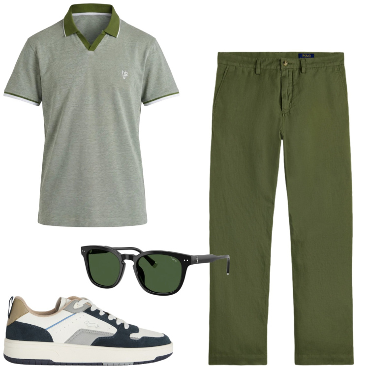 Outfit uomo - Maggio. Stile Casual per Tutti i giorni. Abbinamento con polo, sneakers, pantaloni, occhiali da sole.