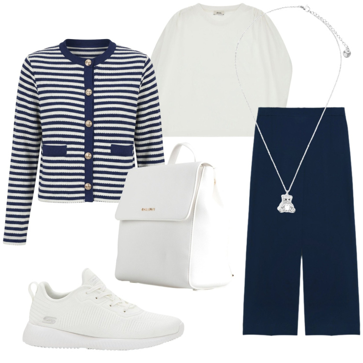 Outfit donna - Bianco e blu. Stile Casual chic per Tutti i giorni. Abbinamento con zaini, sneakers, cardigans, top, pantaloni, ciondoli.