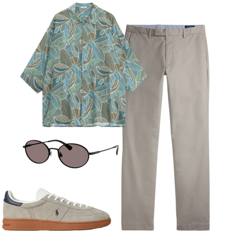 Outfit uomo - Maggio. Stile Urban per Tutti i giorni. Abbinamento con camicie a manica corta, sneakers, pantaloni, occhiali da sole.