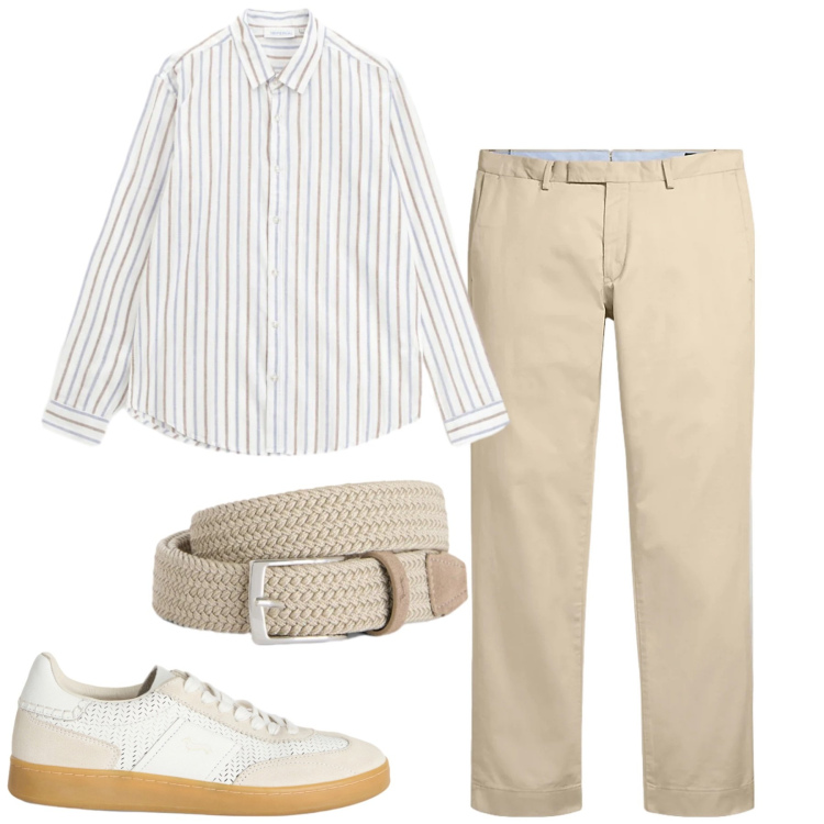 Outfit uomo - Maggio. Stile Urban per Tutti i giorni. Abbinamento con camicie, cinture, sneakers, pantaloni chino.
