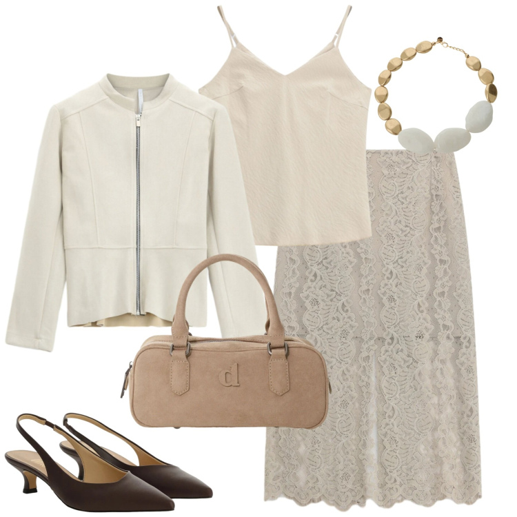 Outfit donna - Maggio. Stile Trendy per Tutti i giorni. Abbinamento con gonne longuette, blazer, canottiere, décolleté, cappotti, collane.