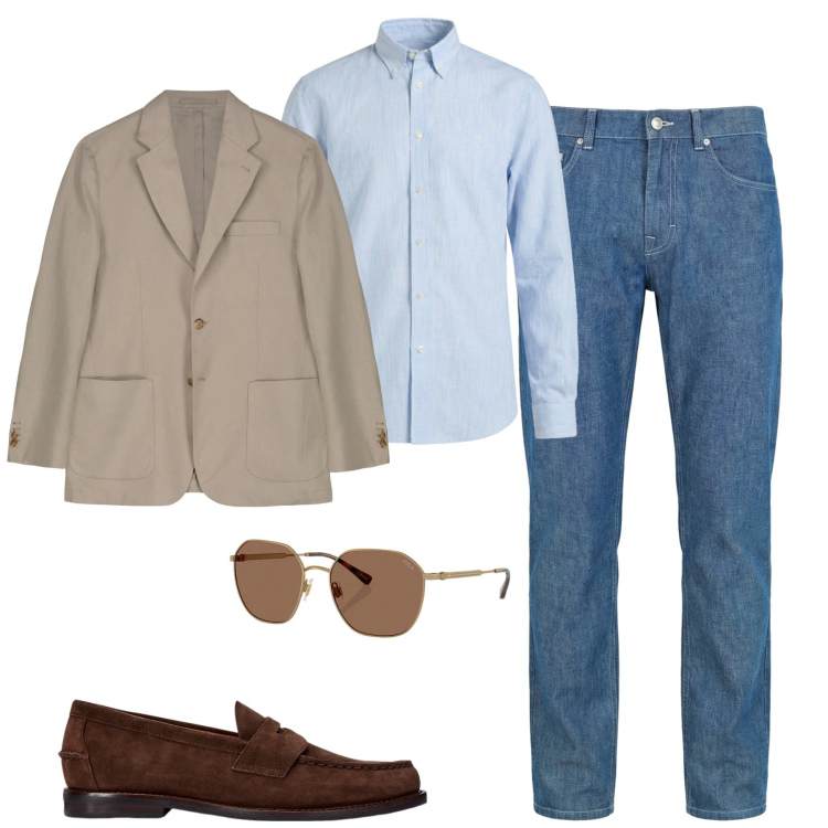 Outfit uomo - Il blazer in lino. Stile Urban per Tutti i giorni. Abbinamento con jeans, camicie, giacche, scarpe stringate, occhiali da sole.
