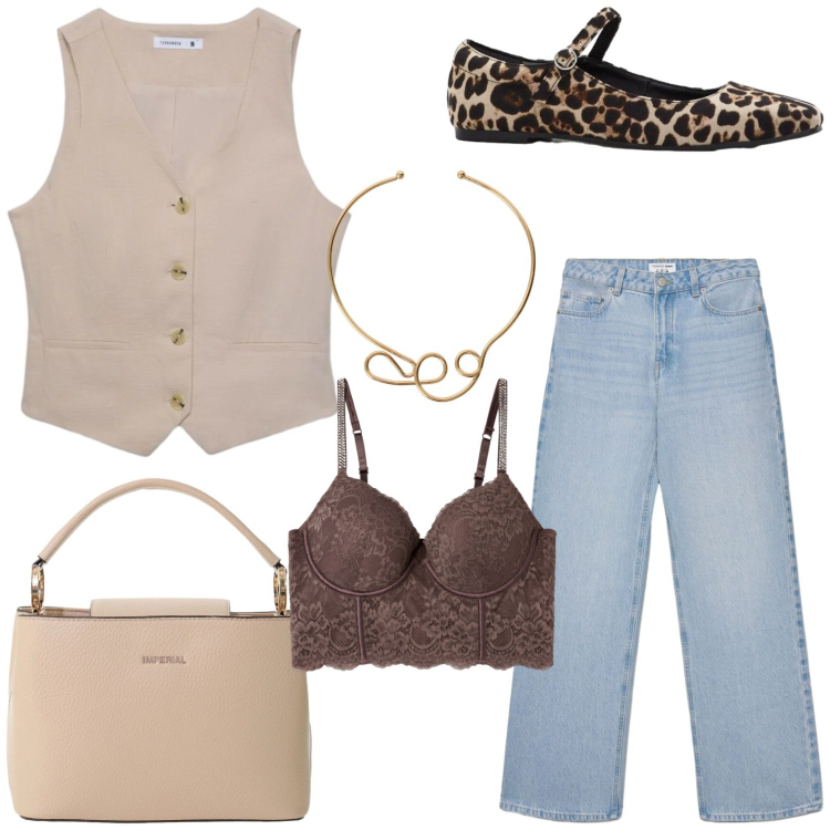 Outfit donna - Urban. Stile Urban per Tutti i giorni. Abbinamento con ballerine, bralette, jeans, gilet, borse a secchiello, collane.