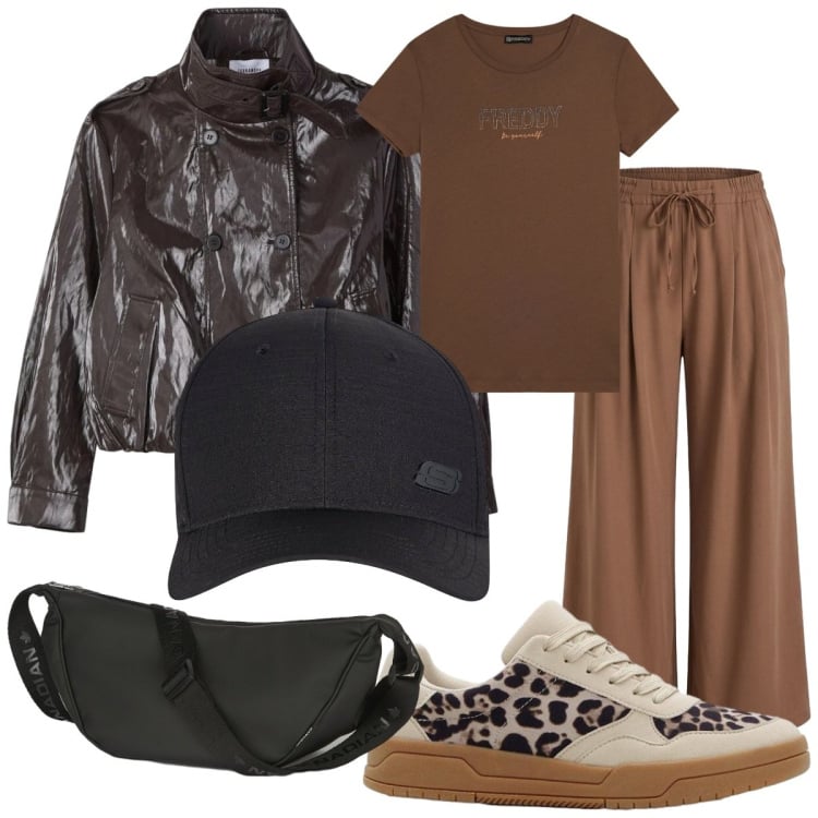 Outfit donna - Color cioccolato. Stile Casual per Tutti i giorni. Abbinamento con sneakers, cappelli con visiera, pantaloni, giacche, marsupi, t-shirt.