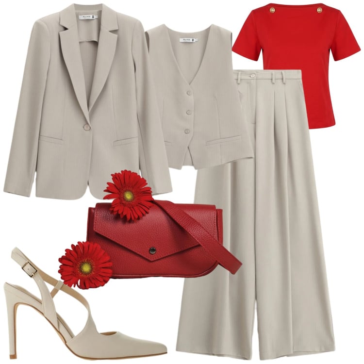 Outfit donna - Maggio please. Stile Urban per Tutti i giorni. Abbinamento con gilet, pantaloni a palazzo, blazer, décolleté, t-shirt, borse a tracolla.