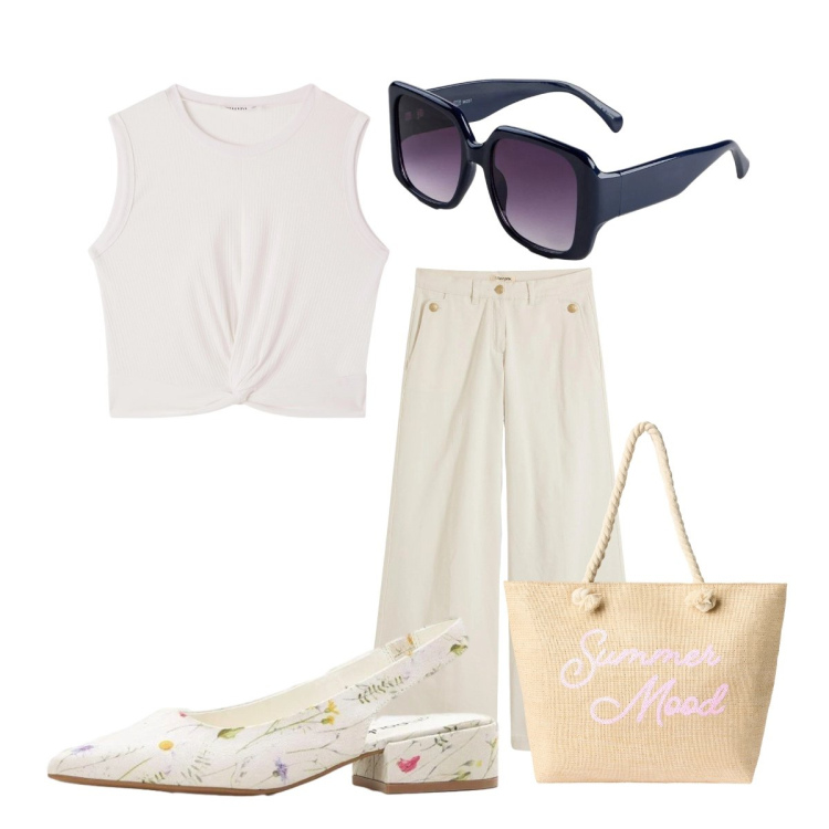 Outfit donna - ufficio maggio. Stile Minimal per Ufficio. Abbinamento con pantaloni, décolleté, occhiali da sole, canottiere, borse tote.