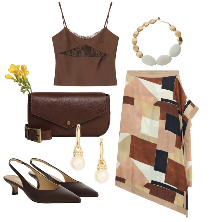 Outfit donna - Maggio. Stile Trendy per Tutti i giorni. Abbinamento con canottiere, décolleté, borse a tracolla, collane, gonne longuette, orecchini.