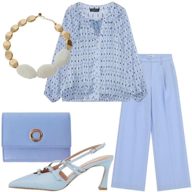 Outfit donna - Silhouette fluide e leggere. Stile Romantica per Cerimonia. Abbinamento con décolleté, portafogli, collane, pantaloni a palazzo, bluse.