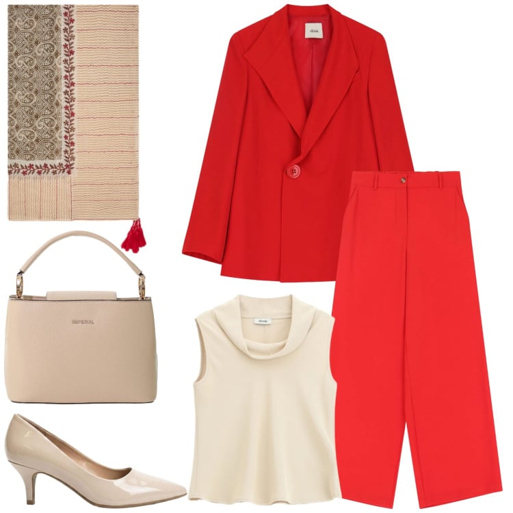 Outfit donna - Burro e rosso. Stile Chic per Cerimonia. Abbinamento con décolleté, borse a secchiello, top, blazer, pantaloni a palazzo, sciarpe.