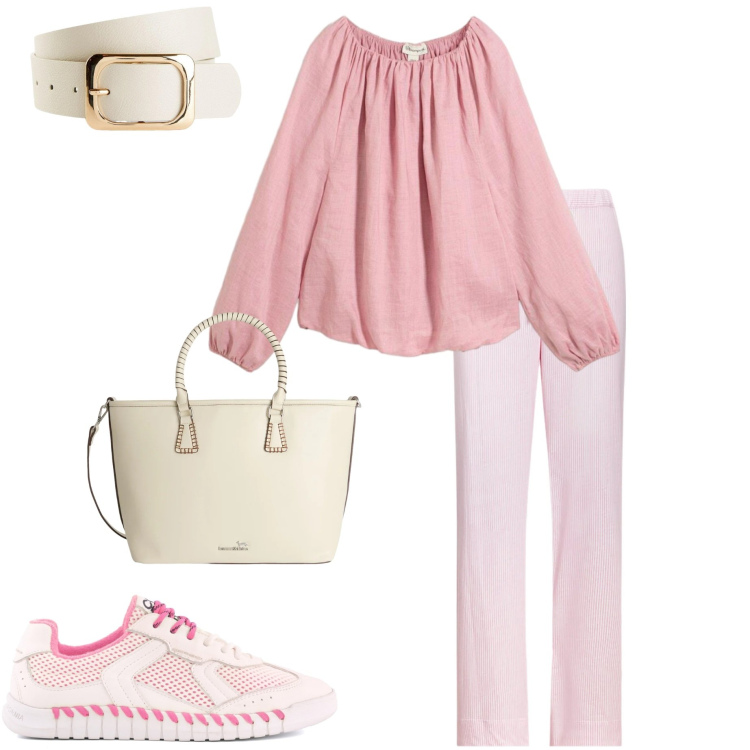 Outfit donna - Tutti i giorni. Stile Casual chic per Ufficio. Abbinamento con cinture, tuniche, shopping bag, pantaloni, sneakers.