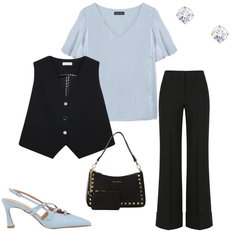 Outfit donna - Serata con amici. Stile Casual chic per Serata fuori. Abbinamento con décolleté, borse a spalla, pantaloni, gilet, bluse, orecchini.