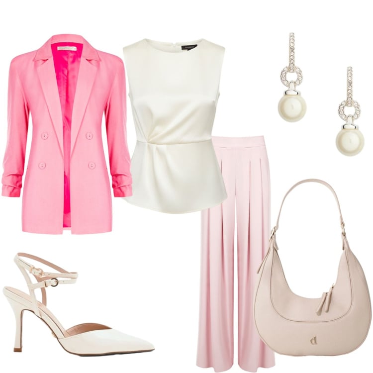 Outfit donna - Armonia e libertà nei movimenti -Curvy. Stile Bon Ton per Cerimonia. Abbinamento con pantaloni a palazzo, blazer, décolleté, bluse, borse a tracolla, orecchini.