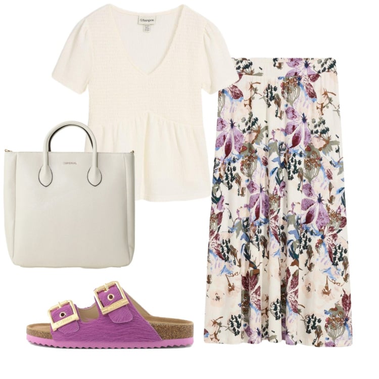 Outfit donna - Total look #2396986. Stile Romantica per Tutti i giorni. Abbinamento con gonne, t-shirt, borse a tracolla, sandali in pelle.