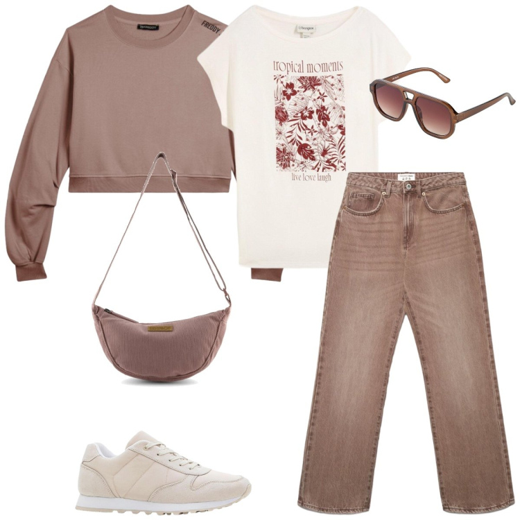 Outfit donna - Università. Stile Casual per Scuola/Università. Abbinamento con occhiali da sole, sneakers, t-shirt, jeans dritti, felpe, borse a tracolla.