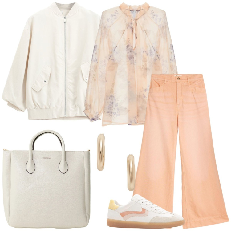 Outfit donna - Total look #2396990. Stile Casual chic per Tutti i giorni. Abbinamento con sneakers, jeans, bluse, bomber, borse a tracolla, orecchini.