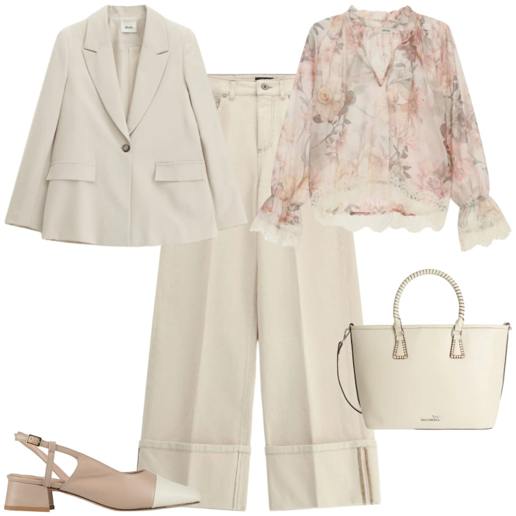 Outfit donna - Casual chic ufficio tempo libero. Stile Casual chic per Tutti i giorni. Abbinamento con décolleté, shopping bag, bluse, pantaloni a palazzo, blazer.