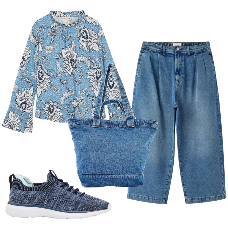 Outfit donna - Total look #2396993. Stile Trendy per Tutti i giorni. Abbinamento con sneakers, bluse, shopping bag, jeans.