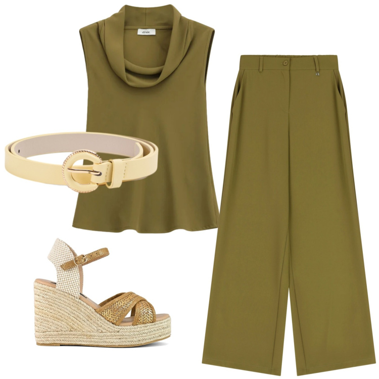 Outfit donna - Total look #2396995. Stile Chic per Ufficio. Abbinamento con cinture, top, pantaloni a palazzo, zeppe.
