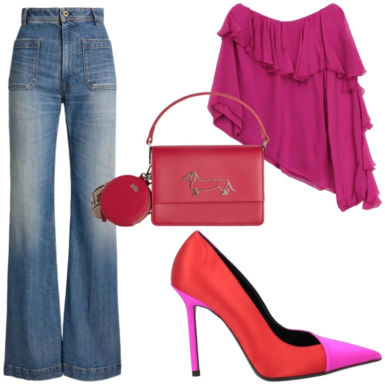 Outfit donna - Magenta & Denim#serate. Stile Glamour per Serata fuori. Abbinamento con décolleté, borse a tracolla, bluse, jeans bootcut.