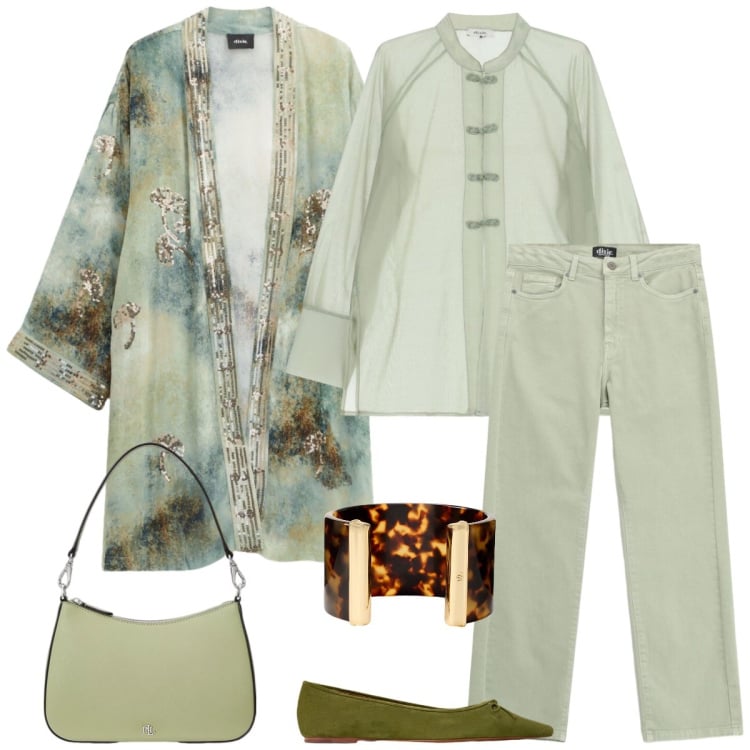 Outfit donna - Verde salvia. Stile Etnico per Tutti i giorni. Abbinamento con jeans dritti, blazer, camicie, borse a spalla, braccialetti, ballerine.