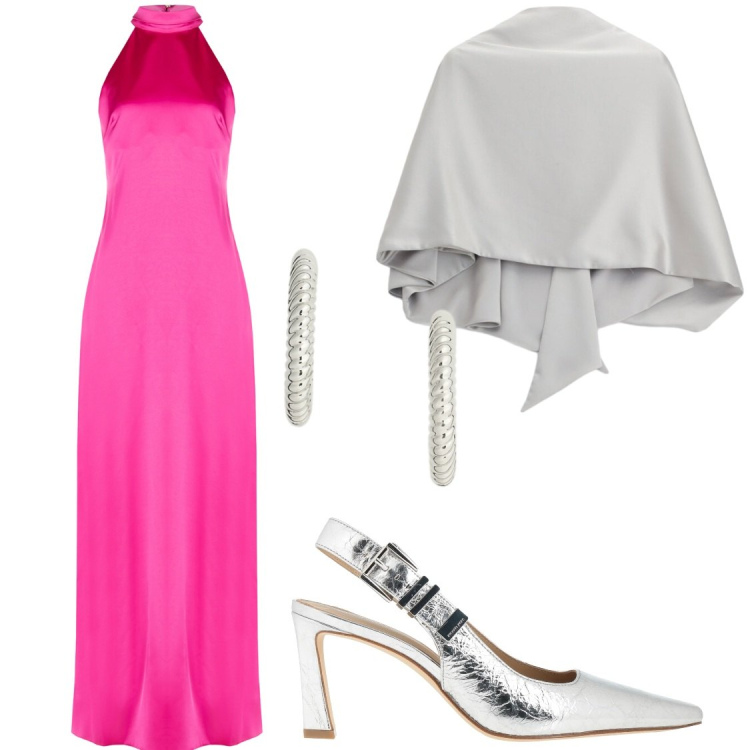 Outfit donna - Fuchsia Silver Gala. Stile Chic per Cerimonia. Abbinamento con décolleté, scialli, vestiti lunghi, orecchini.