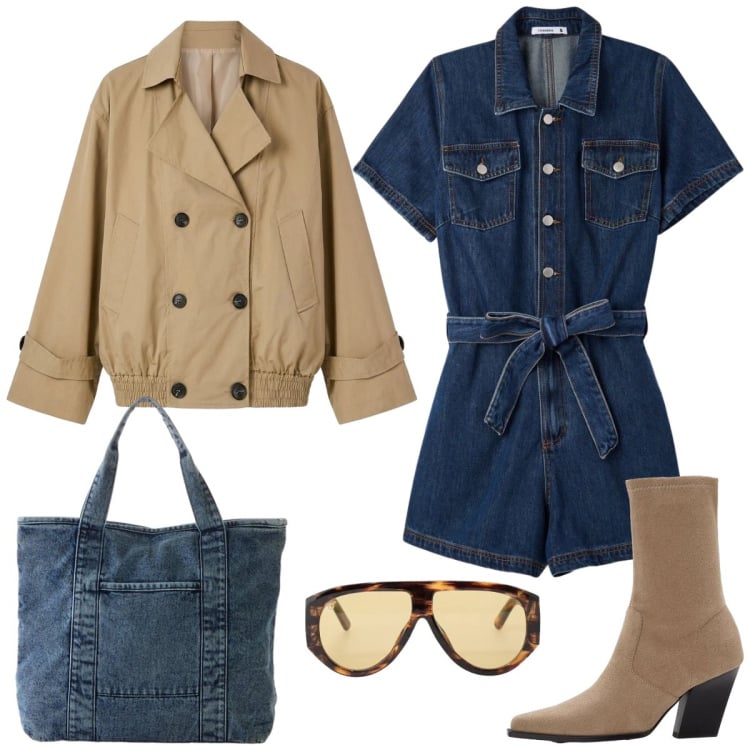 Outfit donna - La tuta corta in jeans. Stile Casual chic per Tutti i giorni. Abbinamento con shopping bag, stivaletti, tuta corta, trench, occhiali da sole.