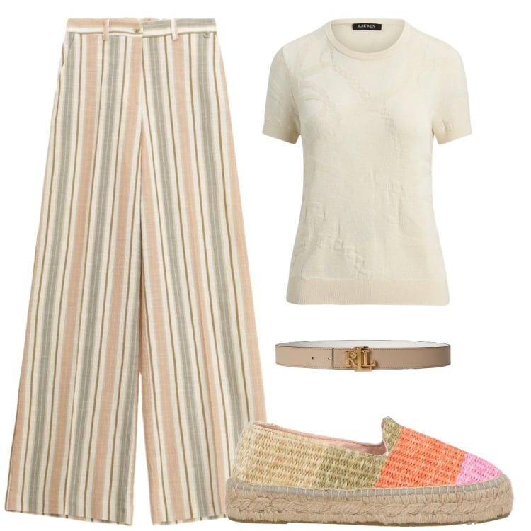 Outfit donna - UN MONDO A RIGHE#freetime. Stile Casual chic per Tutti i giorni. Abbinamento con espadrillas, pantaloni a palazzo, t-shirt, cinture.