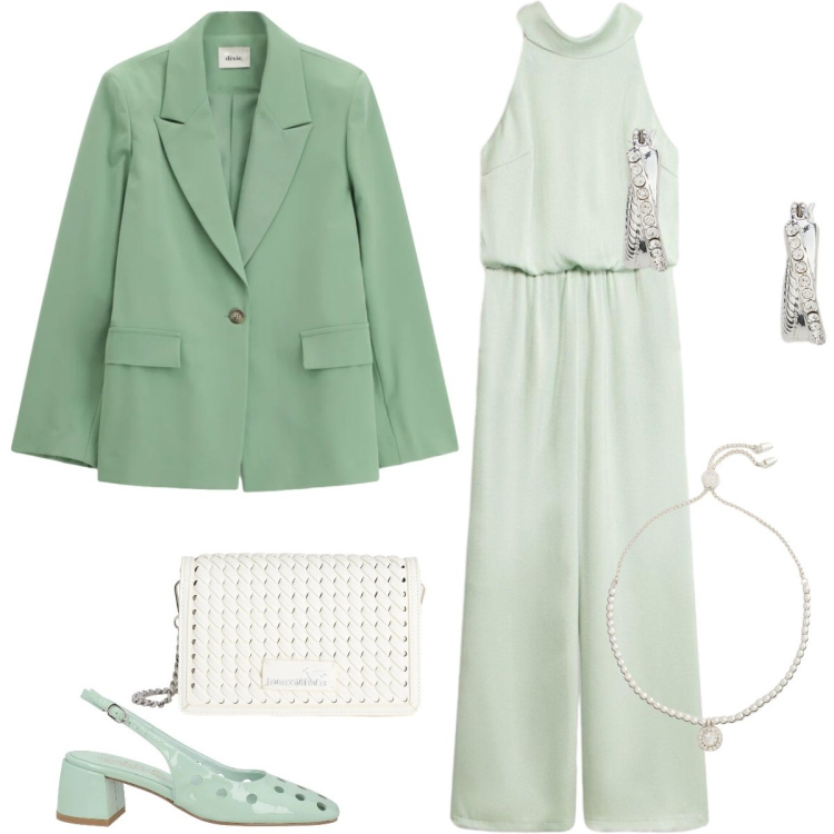Outfit donna - La tuta chic. Stile Chic per Tutti i giorni. Abbinamento con décolleté, tute, borse a tracolla, blazer, braccialetti, orecchini.