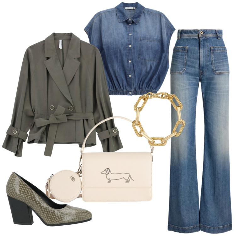 Outfit donna - Blazer leggero. Stile Trendy per Tutti i giorni. Abbinamento con décolleté, borse a tracolla, camicie, blazer, braccialetti, jeans bootcut.