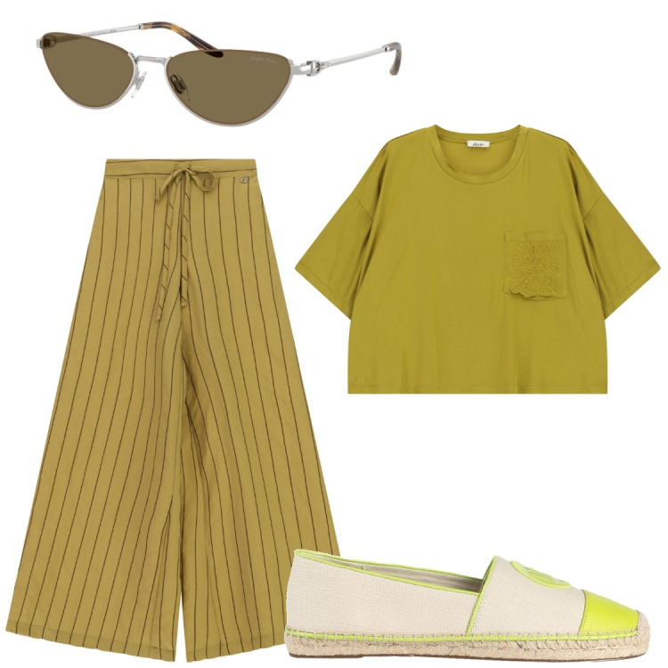 Outfit donna - Hai detto verde oliva?. Stile Casual chic per Tutti i giorni. Abbinamento con espadrillas, pantaloni a palazzo, t-shirt, occhiali da sole.
