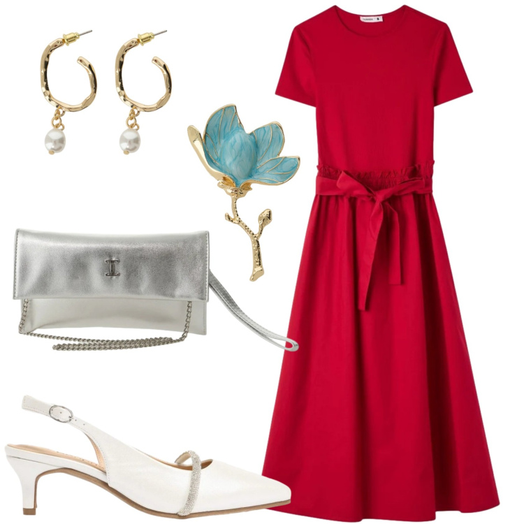 Outfit donna - Punto vita protagonista. Stile Casual chic per Tutti i giorni. Abbinamento con décolleté, vestiti lunghi, borse a tracolla, orecchini, blazer.