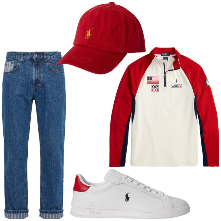 Outfit uomo - Stai andando a vedere la gara?. Stile Casual per Tutti i giorni. Abbinamento con jeans, pullovers, sneakers, cappelli con visiera.
