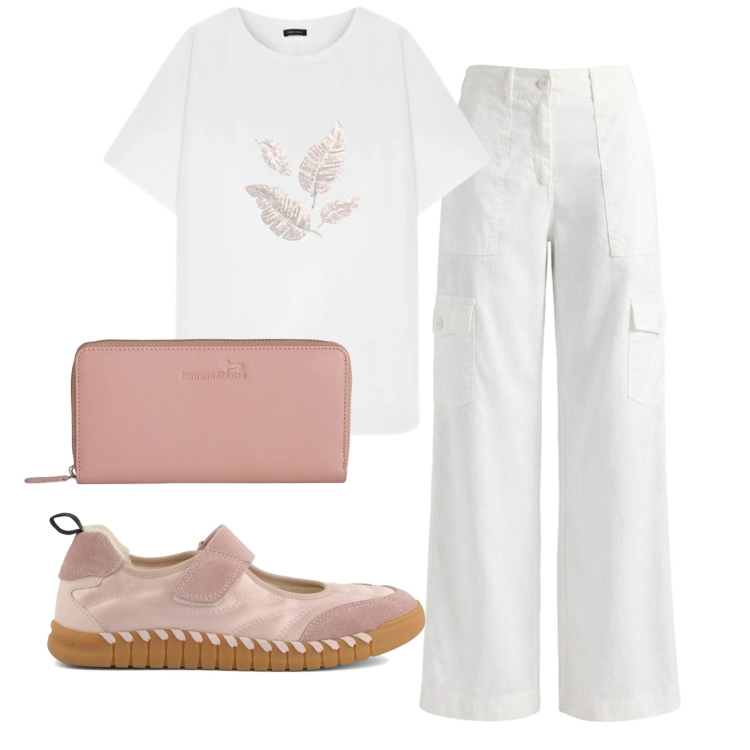 Outfit donna - Total look #2397016. Stile Romantica per Ufficio. Abbinamento con pantaloni cargo, portafogli, t-shirt, ballerine.