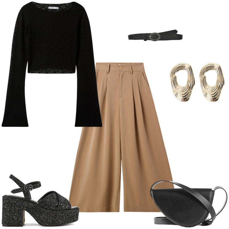 Outfit donna - Serata estiva. Stile Casual per Serata fuori. Abbinamento con borse a tracolla, pantaloni, cinture, t-shirt, orecchini, sandali.