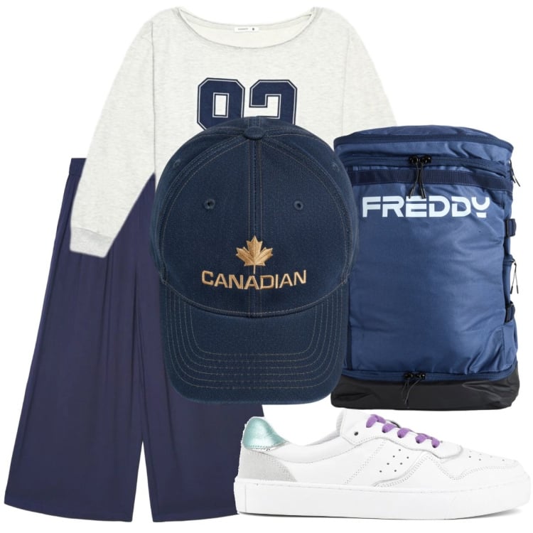 Outfit donna - Sporty. Stile Sporty chic per Sport. Abbinamento con pantaloni a palazzo, felpe, berretti, zaini, sneakers.