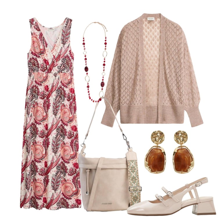 Outfit donna - Un raffinato boho. Stile Boho per Tutti i giorni. Abbinamento con décolleté, vestiti lunghi, borse a tracolla, cardigans, orecchini, collane.