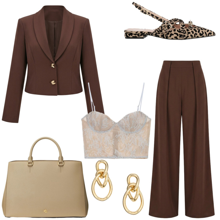 Outfit donna - Workwear. Stile Trendy per Ufficio. Abbinamento con ballerine, canottiere, blazer, pantaloni a palazzo, orecchini, borse a mano.