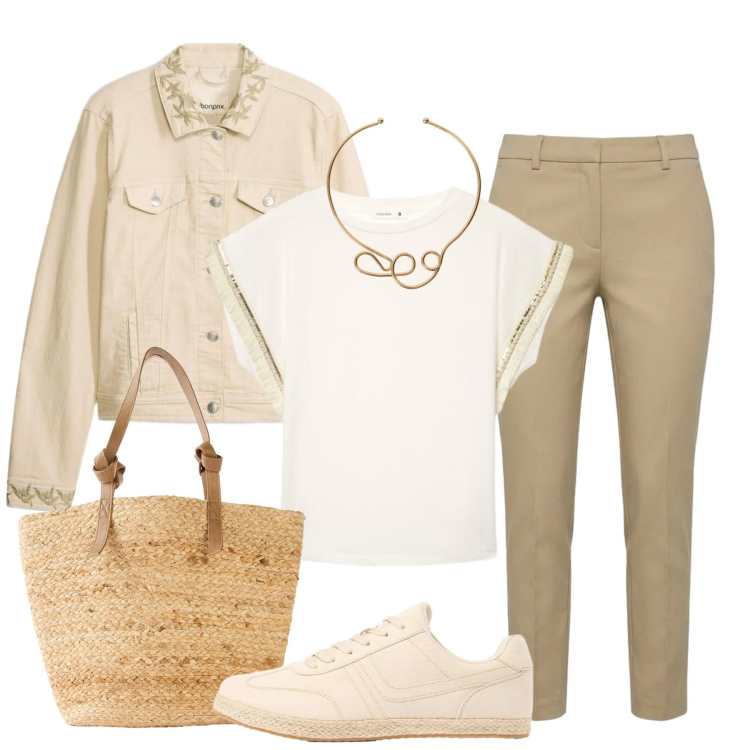 Outfit donna - Perfette sincronie. Stile Basic per Tutti i giorni. Abbinamento con shopping bag, cappotti, sneakers, pantaloni skinny, t-shirt, collane.