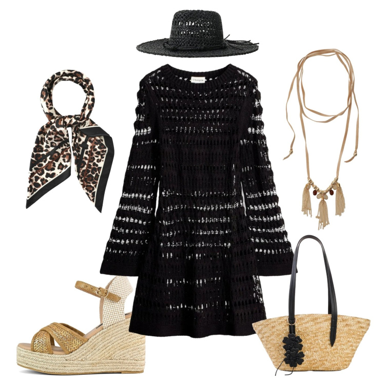 Outfit donna - Al mare. Stile Boho per Mare. Abbinamento con shopping bag, vestiti, foulard, cappelli, collane, zeppe.
