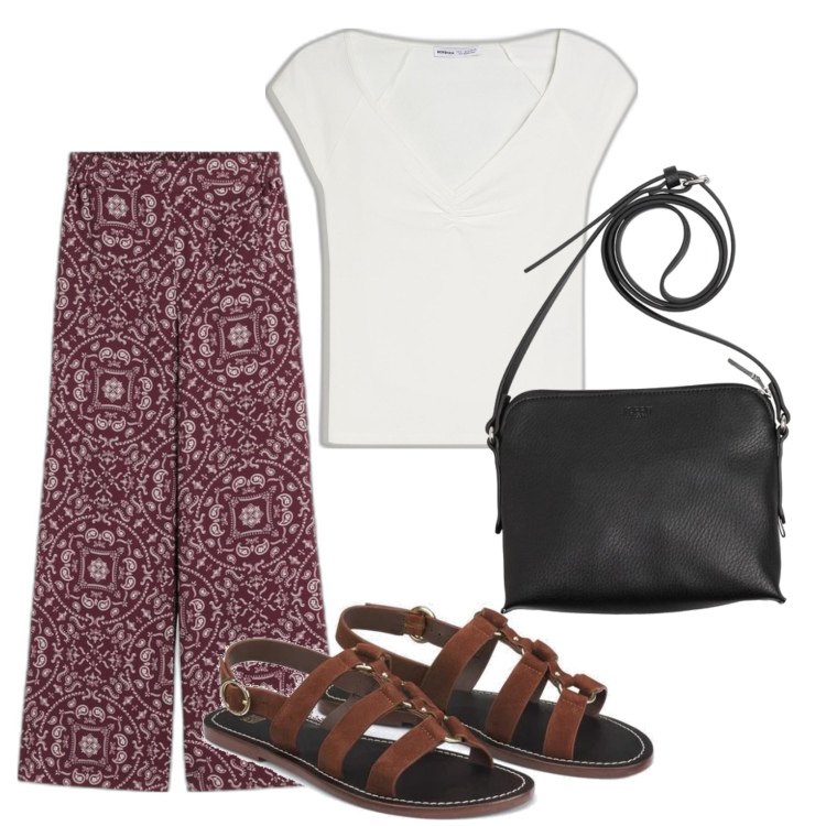 Outfit mujer - Casual. Estilo Casual para Todos los días. Combinación con pantalones, camiseta, bolsos saco, sandalias de piel.