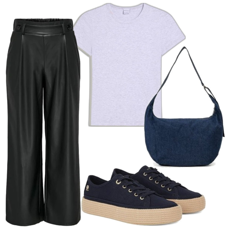 Outfit mujer - Casual. Estilo Casual para Todos los días. Combinación con pantalones, sneakers, camiseta, bandoleras.
