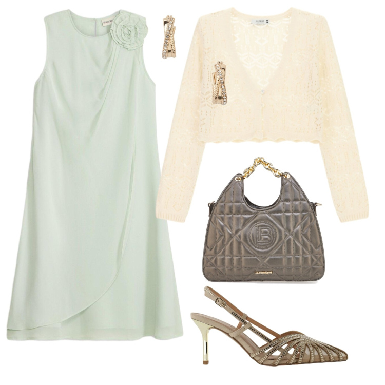 Outfit donna - Matrimonio a maggio. Stile Chic per Cerimonia. Abbinamento con vestiti midi/longuette, cardigans, décolleté, orecchini, borse a mano.