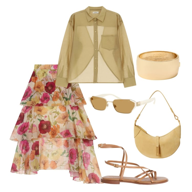 Outfit donna - Tessuti voilà. Stile Romantica per Mare. Abbinamento con sandali in pelle, camicie, gonne lunghe, braccialetti, borse a spalla, occhiali da sole.