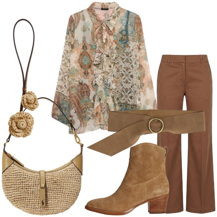 Outfit donna - Basta una cintura. Stile Etnico Abbinamento con pantaloni, cinture, camicie, stivaletti, ciondoli, borse a spalla.