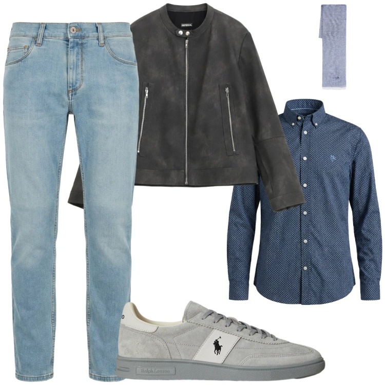 Outfit uomo - #stile_casual #mezza_stagione. Stile Casual per Serata speciale. Abbinamento con jeans slim fit, sciarpe, camicie, giacche, sneakers.