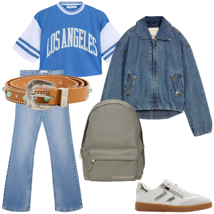 Outfit donna - Mannish sportivo. Stile Mannish per Tutti i giorni. Abbinamento con bomber, sneakers, cinture, zaini, jeans bootcut, t-shirt.