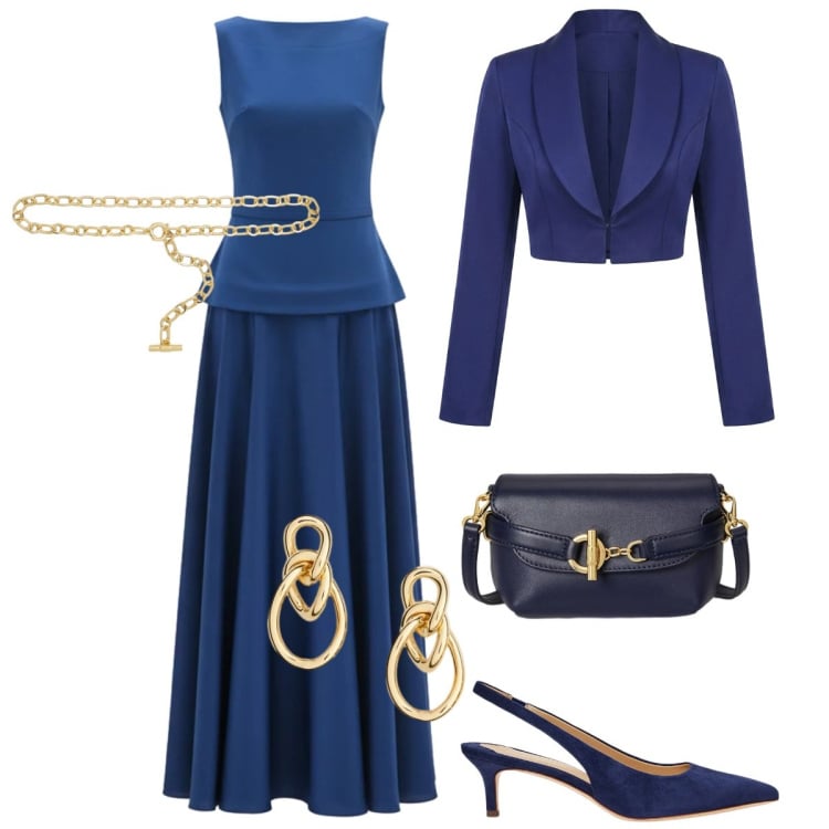 Outfit donna - Punto vita protagonista - Curvy. Stile Chic per Cerimonia. Abbinamento con vestiti lunghi, bolero, décolleté, borse a tracolla, orecchini, cinture.