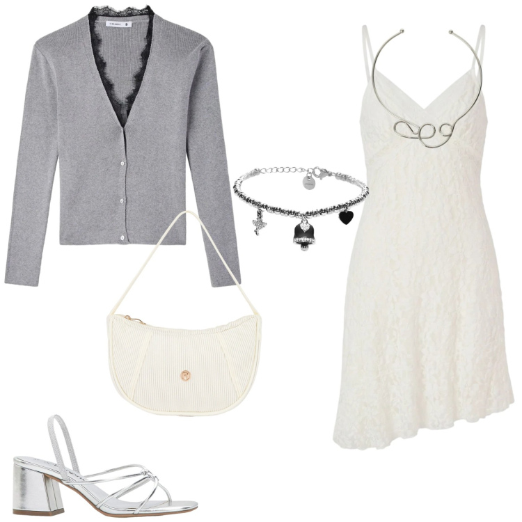 Outfit donna - L\'abitino in pizzo. Stile Trendy per Serata fuori. Abbinamento con sandali col tacco, cardigans, vestiti corti, collane, braccialetti, borse a mano.