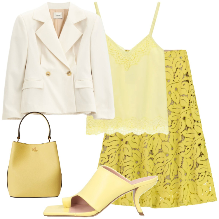 Outfit donna - Voglia di giallo. Stile Vintage retrò per Serata fuori. Abbinamento con ciabatte, gonne longuette, blazer, top, borse a secchiello.